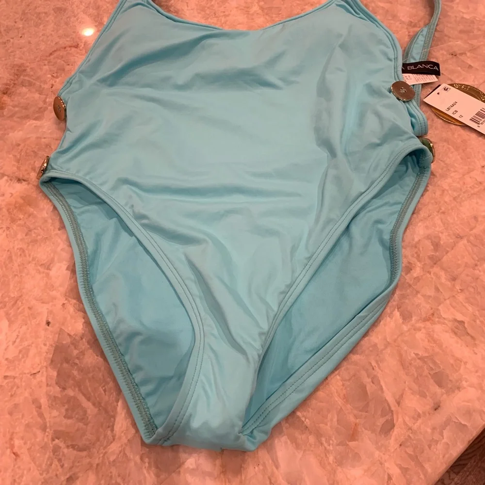 NWT La Blanca Ice Blue 2-Button High Leg‎ onepiece